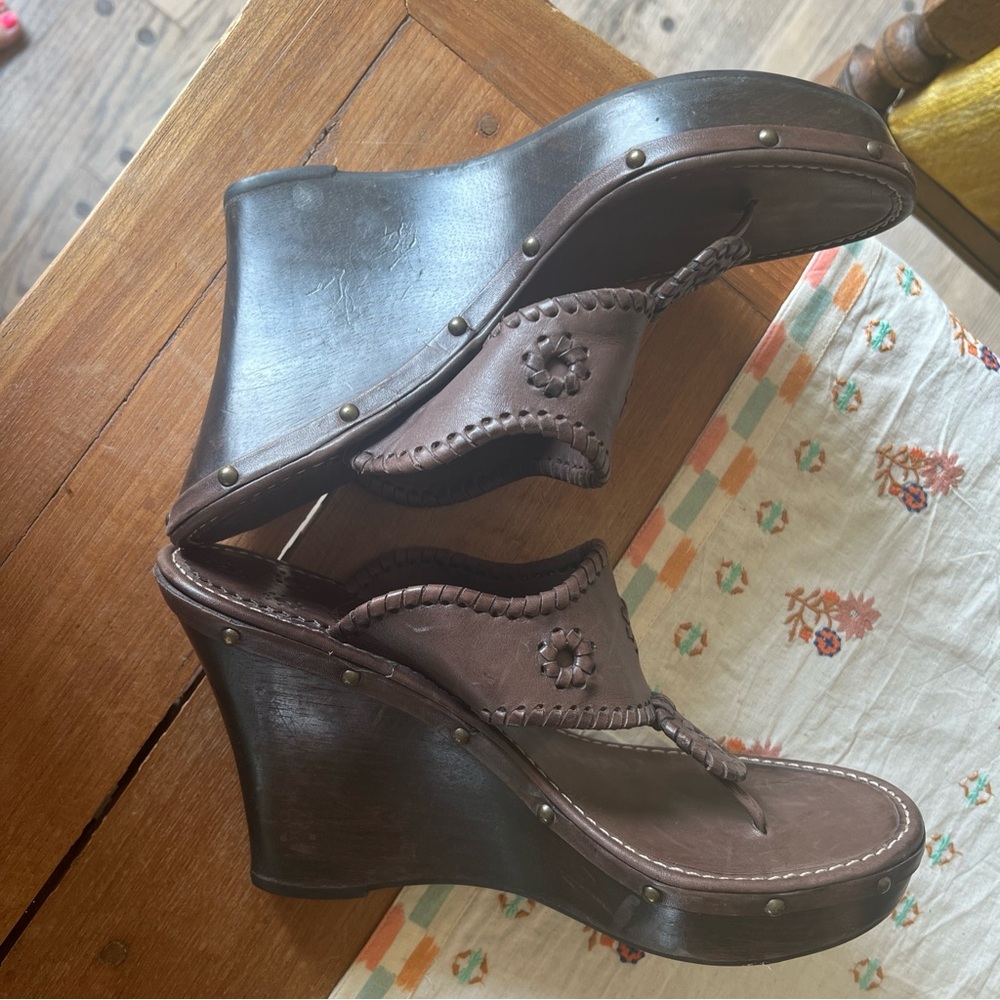 Jack Rogers Marbella Chocolate Brown Leather Wedge Thong Sandals 10 $188 - Picture 4 of 5